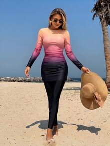 SHEIN Swim Bộ đồ bơi nữ gồm áo tay dài phối màu gradient và quần legging ôm sát cho kỳ nghỉ - Nhiều màu - Xem 6