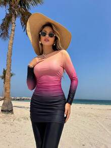 SHEIN Swim Bộ đồ bơi nữ gồm áo tay dài phối màu gradient và quần legging ôm sát cho kỳ nghỉ - Nhiều màu - Xem 3