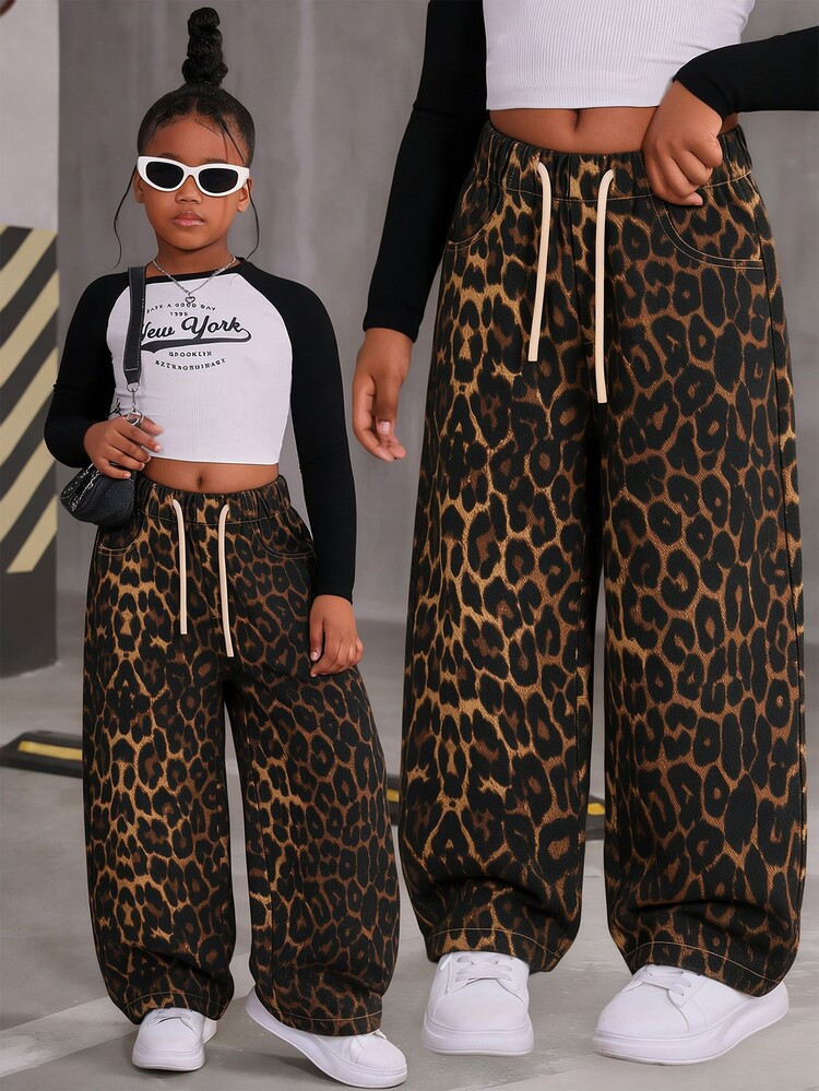 Young Girl Leopard Print Drawstring Waist Wide Leg Jeans Fall Baby Blue - Brown - View 8