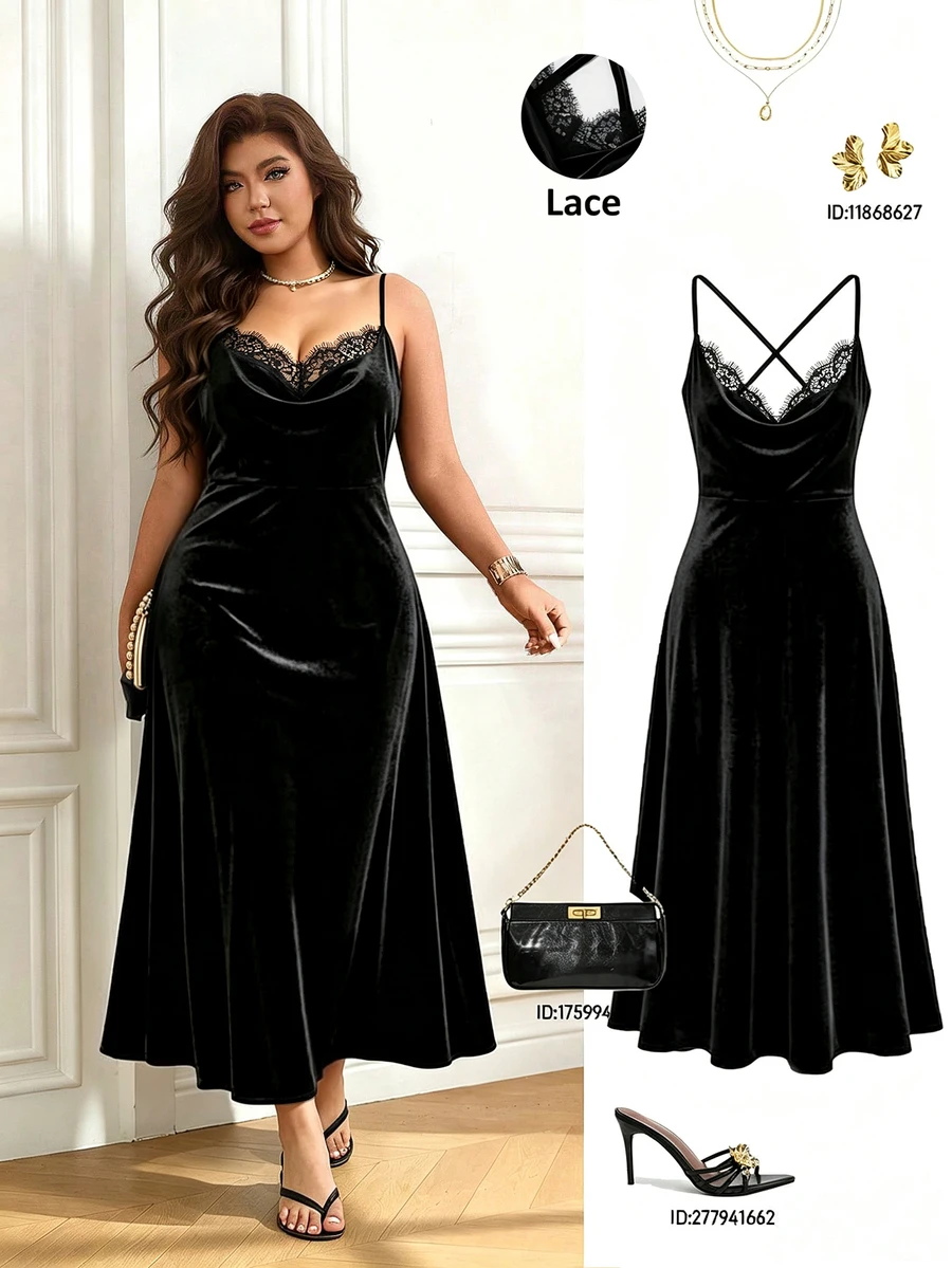 GlowEve CURVE Plus Size Women's Lace Patchwork Casual Party Spaghetti Strap Dress - Black - View 1