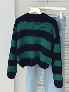 SHEIN 青少年女孩海軍綠條紋羅紋小高領長袖套頭毛衣 - 彩色 - 查看 2