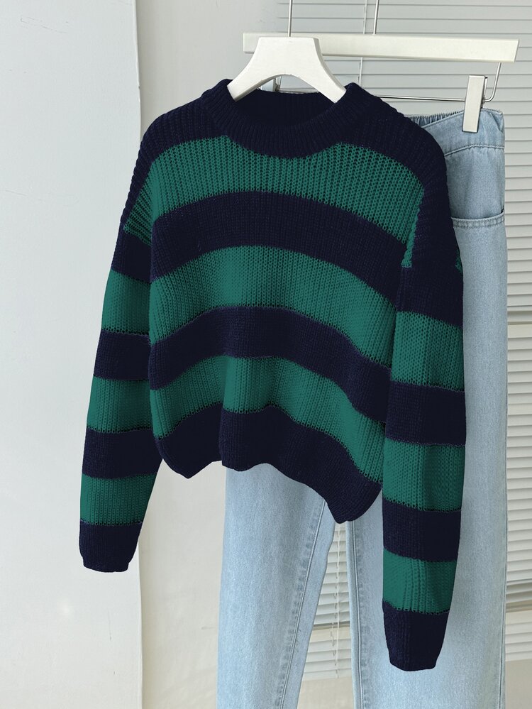 SHEIN Tween Girls Sweater Navy Green Stripe Ribbed Mock Neck Long Sleeve Pullover - Multicolor - View 5