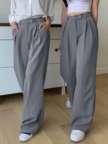 DAZY 1pc High Waist Slant Pockets Tailored Pants,Women Dress Pants Business Attire - Grey - View 4
