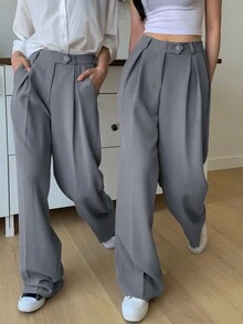 DAZY 1pc High Waist Slant Pockets Tailored Pants,Women Dress Pants Business Attire - Grey - View 6