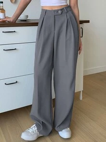 DAZY 1pc High Waist Slant Pockets Tailored Pants,Women Dress Pants Business Attire - Grey - View 2