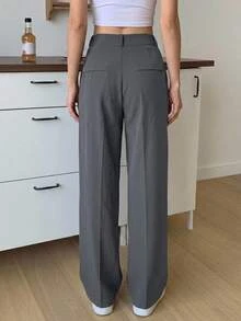 DAZY 1pc High Waist Slant Pockets Tailored Pants,Women Dress Pants Business Attire - Grey - View 10