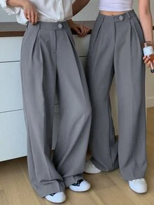 DAZY 1pc High Waist Slant Pockets Tailored Pants,Women Dress Pants Business Attire - Grey - View 3