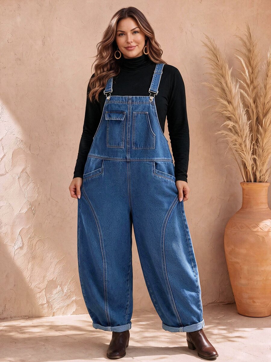 EMERY ROSE EMERY ROSE Plus Size Women's Multi-Pocket Design Wide Leg Denim Overalls - Medium Wash - View 1