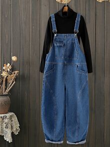 EMERY ROSE EMERY ROSE Plus Size Women's Multi-Pocket Design Wide Leg Denim Overalls - Medium Wash - View 2