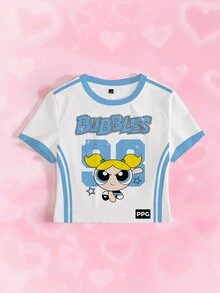 THE POWERPUFF GIRLS X SHEIN 女款卡通圖案印花條紋短版修身T恤 - 白色 - 查看 3