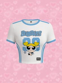 THE POWERPUFF GIRLS X SHEIN 女款卡通圖案印花條紋短版修身T恤 - 白色 - 查看 1