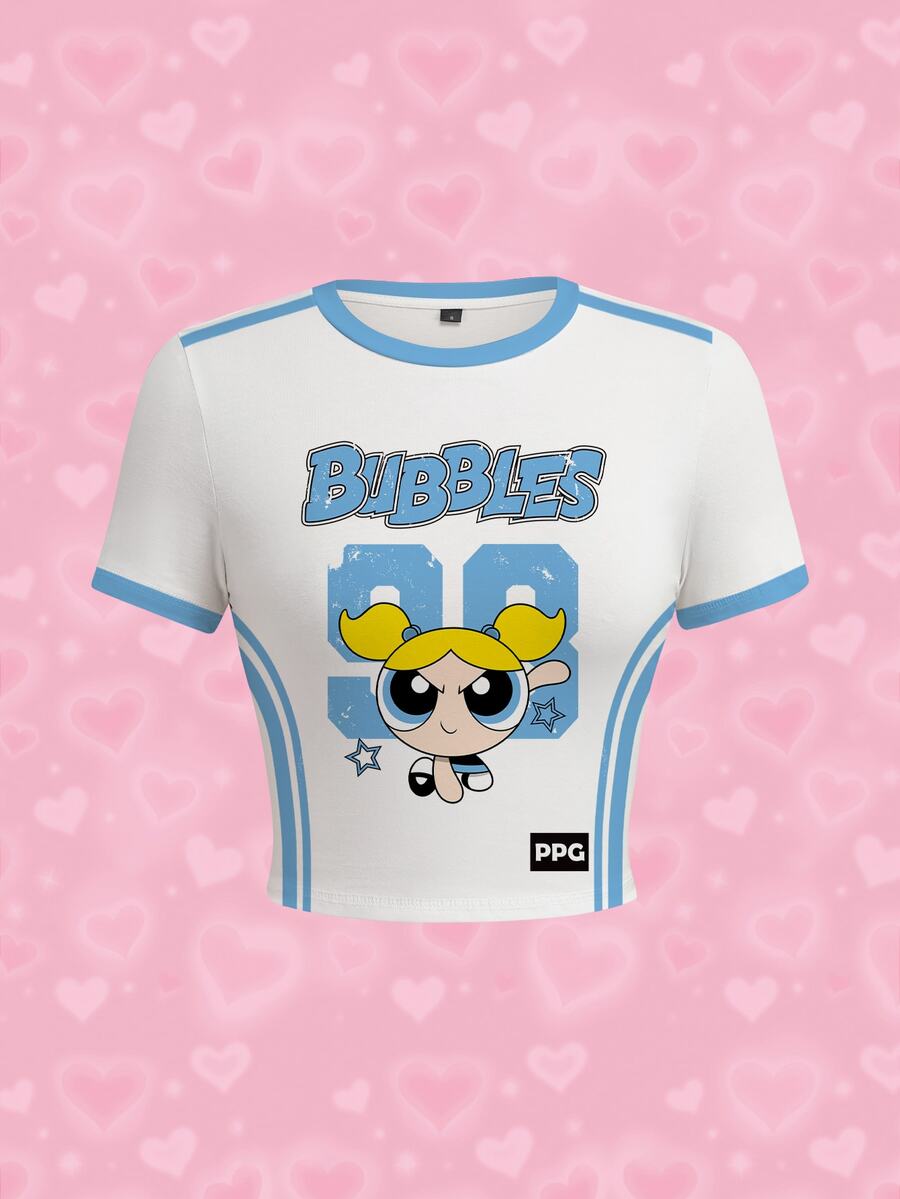 THE POWERPUFF GIRLS X SHEIN 女款卡通圖案印花條紋短版修身T恤 - 白色 - 查看 1