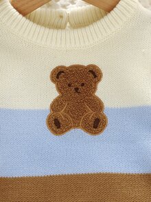 拼色熊刺繡嬰兒針織連身衣，圓領長袖對比條紋毛衣連身褲，胯部按扣方便換尿布，春夏秋冬穿搭，新生兒卡通百搭針織連身褲，適合日常穿著、家庭聚會、旅行與度假 - 藍色 - 查看 6
