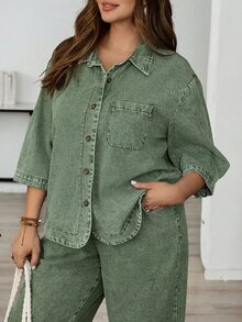 EMERY ROSE EMERY ROSE Blus Denim Kasual Saku Kancing Tunggal Lengan 3/4 Ukuran Plus untuk Wanita, Atasan Musim Panas untuk Wanita, Atasan untuk Acara Keluar Wanita - Hijau - View 7