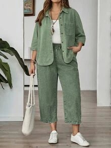 EMERY ROSE EMERY ROSE Blus Denim Kasual Saku Kancing Tunggal Lengan 3/4 Ukuran Plus untuk Wanita, Atasan Musim Panas untuk Wanita, Atasan untuk Acara Keluar Wanita - Hijau - View 3