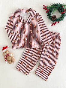 SHEIN Baby Boy Fall Pajamas 2pcs Christmas Gingerbread Man Button-Down Long Sleeve Pants Lapel Print Red And White Stripe Bear Night Home Cute Animal - Red - View 2