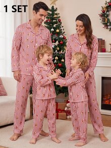 SHEIN Baby Boy Fall Pajamas 2pcs Christmas Gingerbread Man Button-Down Long Sleeve Pants Lapel Print Red And White Stripe Bear Night Home Cute Animal - Red - View 8