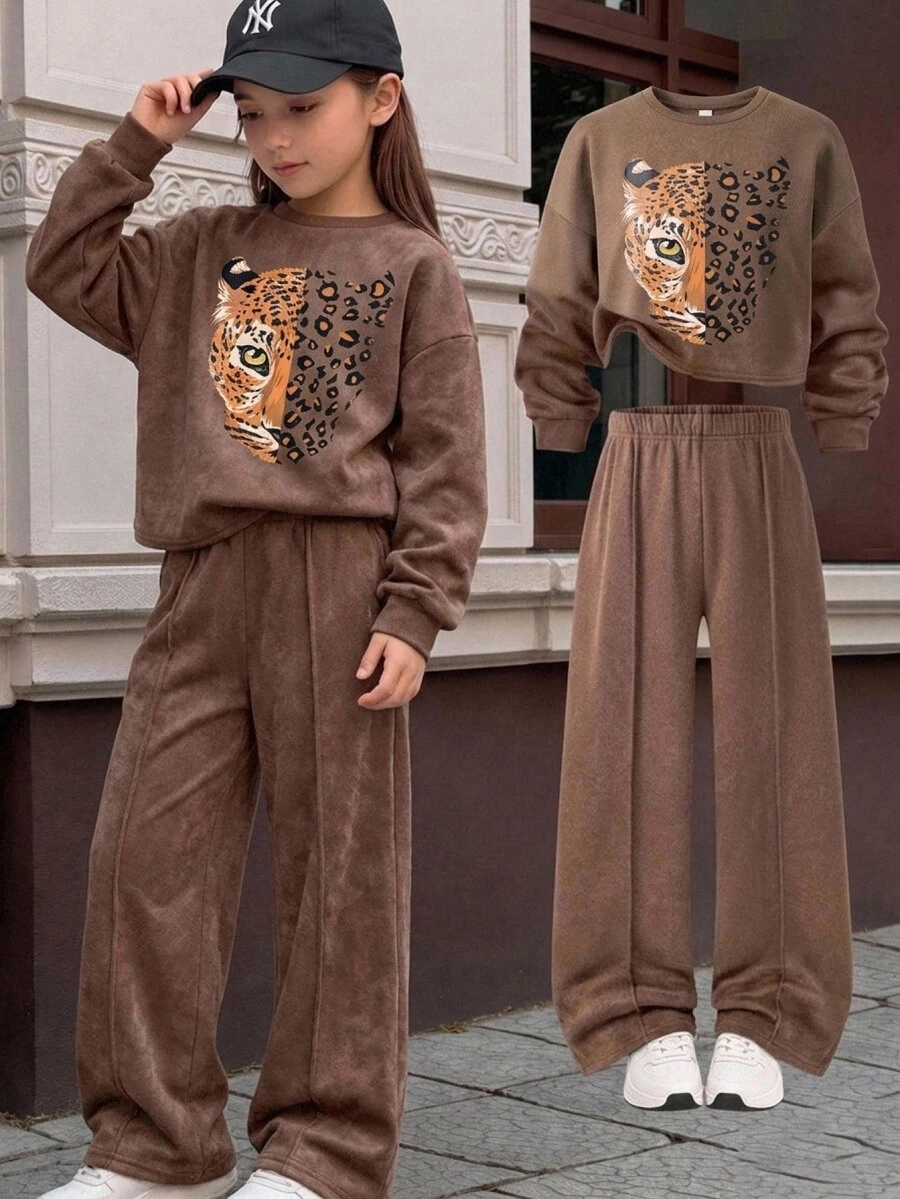 SHEIN Crew Neck Long Sleeve Tiger Print Sweatshirt & Solid Color Pants Set Autumn Kids Girls - Multicolor - View 1