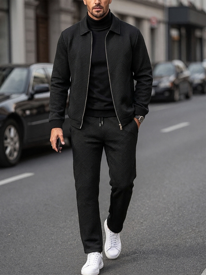 Manfinity Homme Herren einfarbige Reißverschlussjacke und Hose mit Kordelzug Set, schwarzes Herbst Lässig Smart Urlaubs Pendler Outfit, dunkler College-Stil Sport Lässig Set