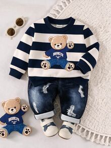 SHEIN 2pcs/Set Baby Boy Casual Matching Back-To-School Toddler Long Sleeve Sweatshirt & Pants Outfit Autumn Fall - Blue - View 4