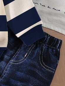 SHEIN 2pcs/Set Baby Boy Casual Matching Back-To-School Toddler Long Sleeve Sweatshirt & Pants Outfit Autumn Fall - Blue - View 7