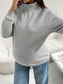 SHEIN 孕婦純色休閒日常長袖衛衣 冬季 - 灰色 - 查看 5