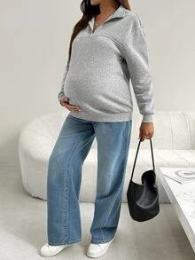 SHEIN 孕婦純色休閒日常長袖衛衣 冬季 - 灰色 - 查看 4