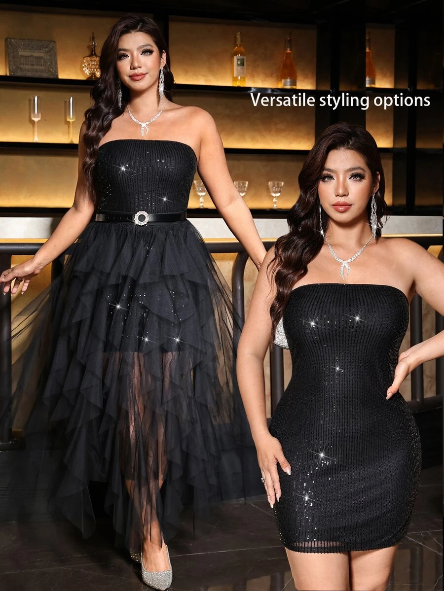 Reflora Plus Size Women Solid Color Sequin Tube Top Fitted Dress With Mesh Tiered Skirt, Elegant 2 Pieces Set Christmas - Black - View 1