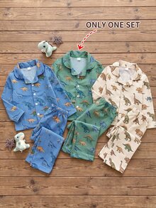 SHEIN 秋冬男童2件套，可愛卡通酷炫泡泡克雷普恐龍印花，柔軟光滑翻領開襟長袖上衣與長褲，居家休閒服 - 綠色 - 查看 8