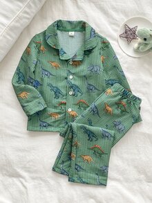 SHEIN 秋冬男童2件套，可愛卡通酷炫泡泡克雷普恐龍印花，柔軟光滑翻領開襟長袖上衣與長褲，居家休閒服 - 綠色 - 查看 3