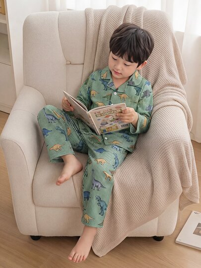 SHEIN Autumn/Winter Young Boy2 Pieces Set, Cute Cartoon Cool Bubble Crepe Dinosaur Print, Soft Smooth Lapel Cardigan Long Sleeve Top And Long Pants, Loungewear