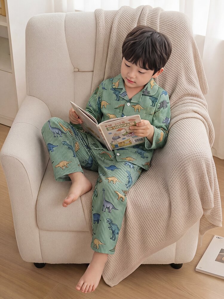 SHEIN Autumn/Winter Young Boy2 Pieces Set, Cute Cartoon Cool Bubble Crepe Dinosaur Print, Soft Smooth Lapel Cardigan Long Sleeve Top And Long Pants, Loungewear - Green - View 1