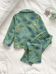 SHEIN 秋冬男童2件套，可愛卡通酷炫泡泡克雷普恐龍印花，柔軟光滑翻領開襟長袖上衣與長褲，居家休閒服 - 綠色 - 查看 2