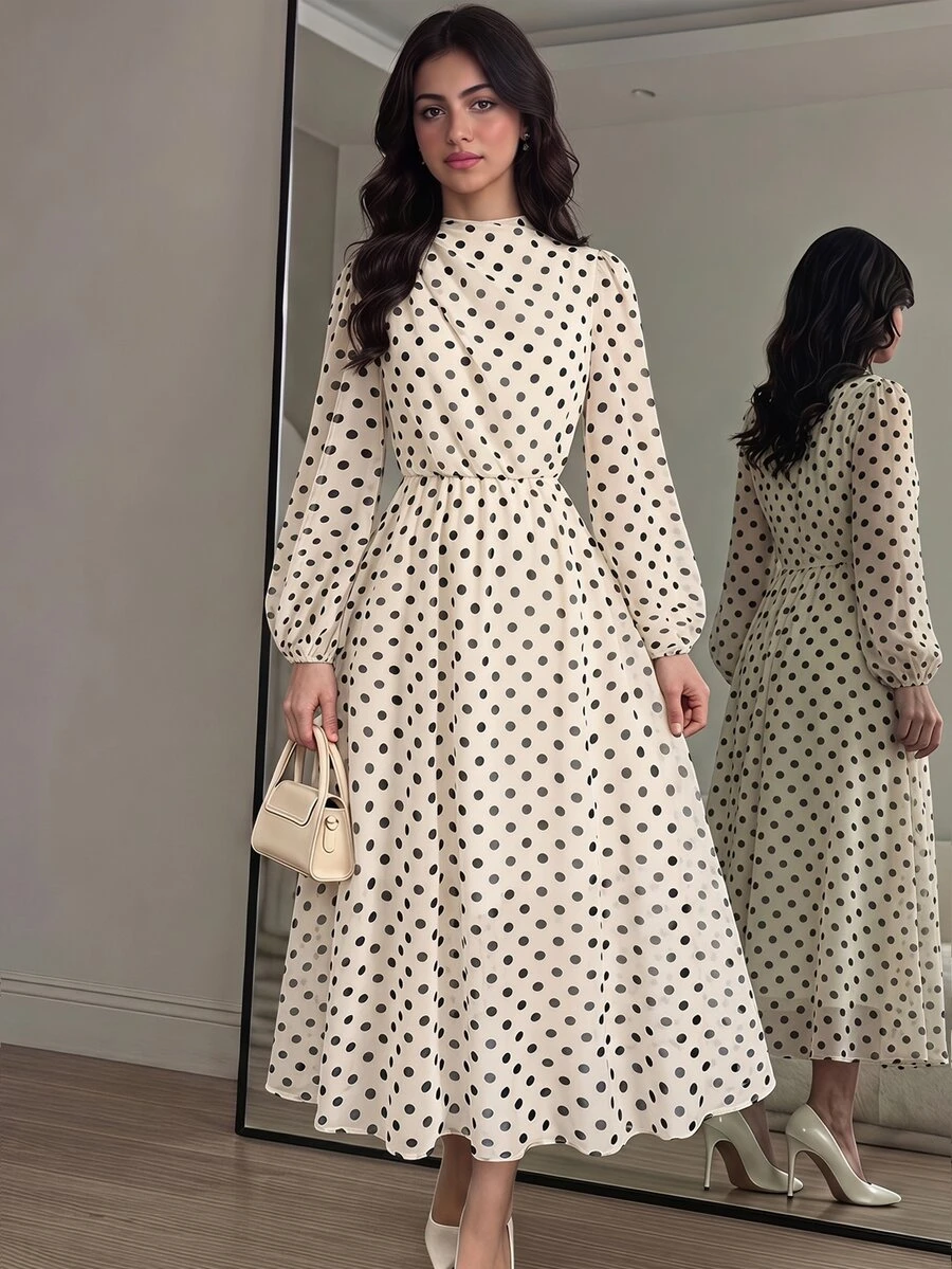 SHEIN 青少年女孩優雅杏色雪紡波點印花長袖燈籠袖洋裝 秋冬款 - 杏色 - 查看 1
