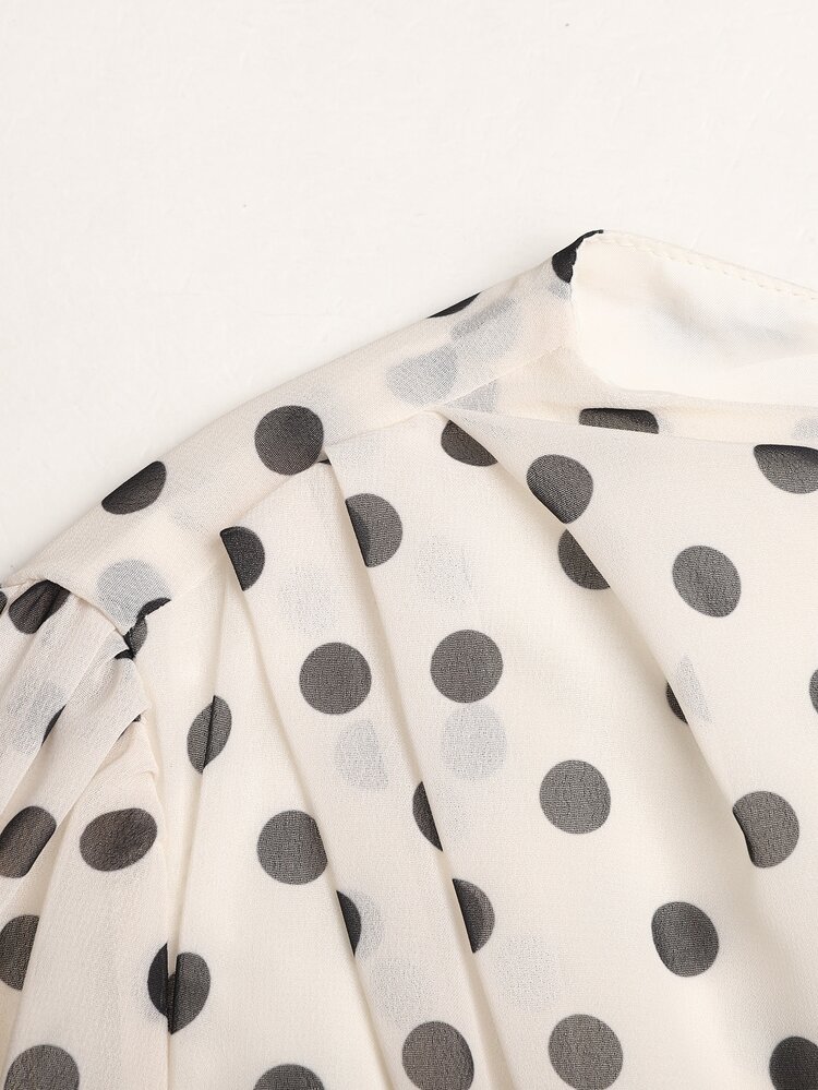 SHEIN Gaun Remaja Perempuan Elegan Warna Aprikot Bahan Sifon Motif Polkadot Lengan Panjang Lengan Lentera untuk Musim Gugur dan Musim Dingin - Aprikot - View 5