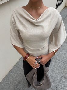 Siren Gaze 秋冬米色女款休閒街頭風針織舒適純白長袖蝙蝠袖上衣 Y2K 喇叭袖 度假休閒優雅派對聖誕上班穿搭 - 杏色 - 查看 6