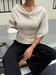 Siren Gaze 秋冬米色女款休閒街頭風針織舒適純白長袖蝙蝠袖上衣 Y2K 喇叭袖 度假休閒優雅派對聖誕上班穿搭 - 杏色 - 查看 7