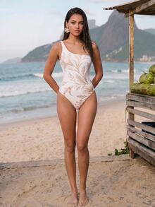 CAJUNI Women's One Shoulder Floral Print Jumpsuit For Vacation - Cream - View 6