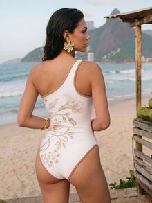 CAJUNI Women's One Shoulder Floral Print Jumpsuit For Vacation - Cream - View 5