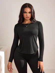 Slayform Solid Color Backless Long Sleeve Sports T-Shirt - Black - View 6