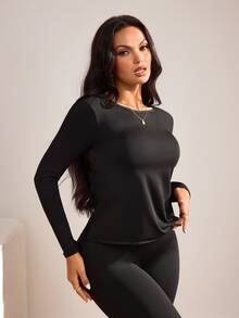 Slayform Solid Color Backless Long Sleeve Sports T-Shirt - Black - View 7