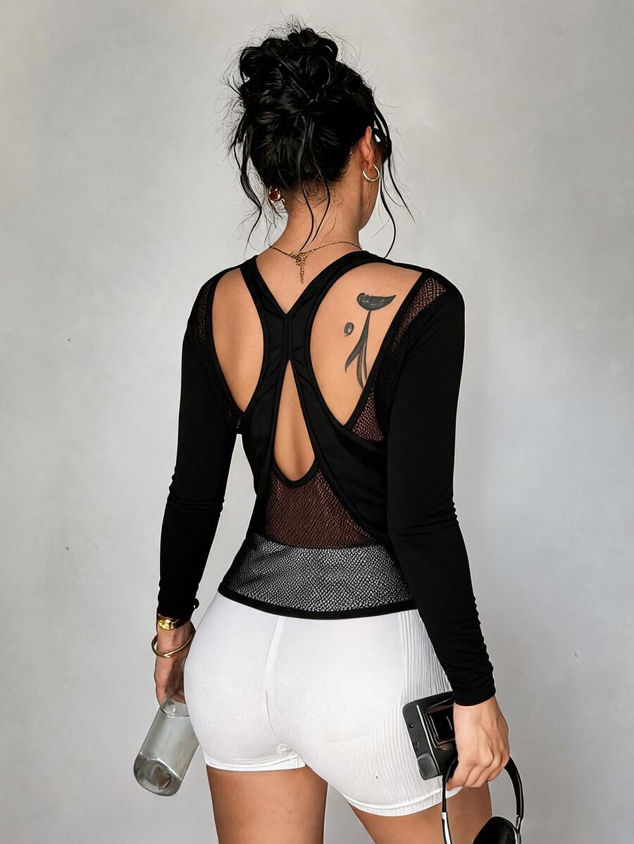 Slayform Solid Color Backless Long Sleeve Sports T-Shirt - Black - View 1