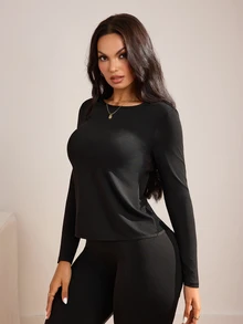 Slayform Solid Color Backless Long Sleeve Sports T-Shirt - Black - View 2