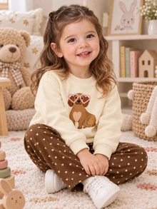 SHEIN Playful Pals 嬰兒女童 T-shirt 套裝，上衣為奶油白色長袖，印有可愛臘腸狗戴粉色心形眼鏡圖案，羅紋領口與袖口，下身為深棕色長褲，滿版淺棕色小愛心印花 - 彩色 - 查看 6