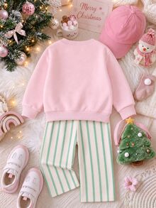 SHEIN Playful Pals 嬰兒女童 T-shirt 套裝，正面印有精緻蝴蝶結與聖誕樹圖案，綠色直條紋背景配粉色星星裝飾，羅紋領口與袖口，下身為米白色底綠色直條紋長褲 - 彩色 - 查看 2