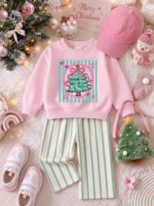 SHEIN Playful Pals 嬰兒女童 T-shirt 套裝，正面印有精緻蝴蝶結與聖誕樹圖案，綠色直條紋背景配粉色星星裝飾，羅紋領口與袖口，下身為米白色底綠色直條紋長褲 - 彩色 - 查看 3
