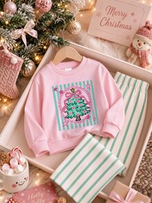 SHEIN Playful Pals 嬰兒女童 T-shirt 套裝，正面印有精緻蝴蝶結與聖誕樹圖案，綠色直條紋背景配粉色星星裝飾，羅紋領口與袖口，下身為米白色底綠色直條紋長褲 - 彩色 - 查看 7