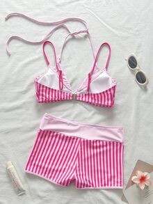 Swim Vcay Women's Summer Beach Vacations Sexy Pink Striped Print Halter-Neck 2-In-1 Bikini Set ,Layered Two Pieces Beachwear - Pink - View 2