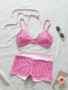 Swim Vcay Women's Summer Beach Vacations Sexy Pink Striped Print Halter-Neck 2-In-1 Bikini Set ,Layered Two Pieces Beachwear - Pink - View 3