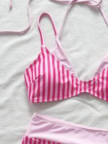 Swim Vcay Women's Summer Beach Vacations Sexy Pink Striped Print Halter-Neck 2-In-1 Bikini Set ,Layered Two Pieces Beachwear - Pink - View 4
